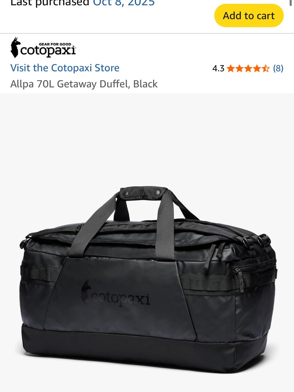 cotopaxi Black Allpa 70L Travel Duffel Bag